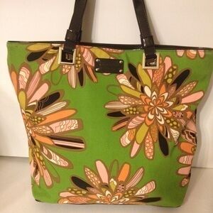 Kate spade green floral fabric bag black leather